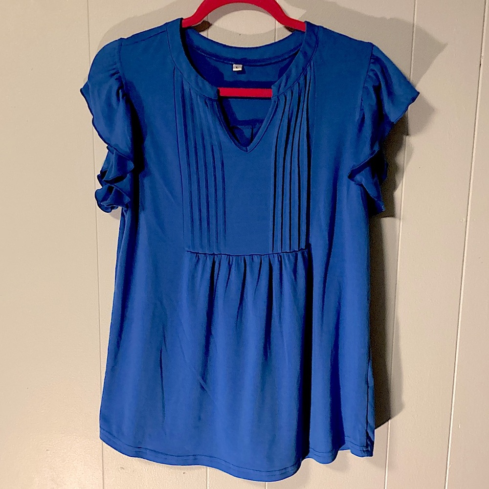 NWOT Women’s Blue Flutter-Short Sleeve Blouse with Pintuck Design & V Neck